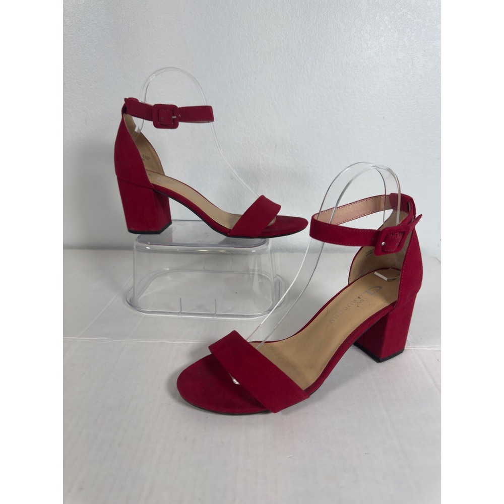 CL by Laundry Red Suede Ankle Strap Block Heel Sandals Women's‎ Size 6.5